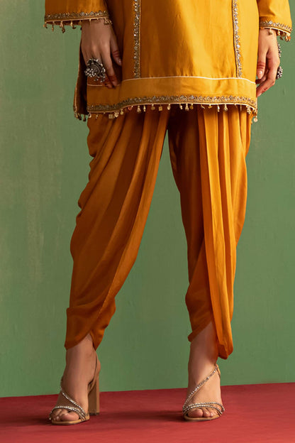 Yellow Chanderi Embroidered Thread V-neck Vanya Kurta With Pant