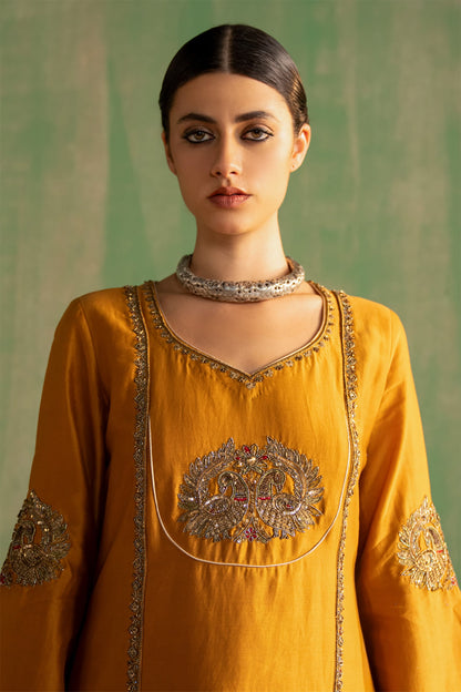 Yellow Chanderi Embroidered Thread V-neck Vanya Kurta With Pant