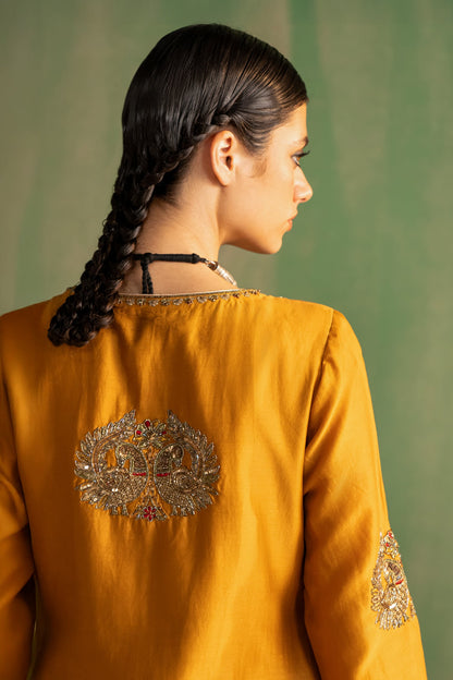 Yellow Chanderi Embroidered Thread V-neck Vanya Kurta With Pant
