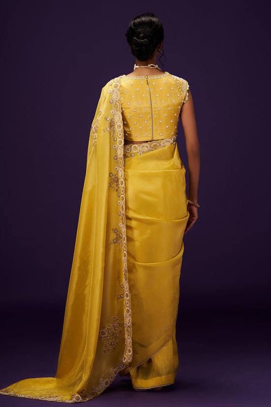 Yellow Semi Tissue Embroidered Sloka Cutdana Flower Scallop Saree With Blouse