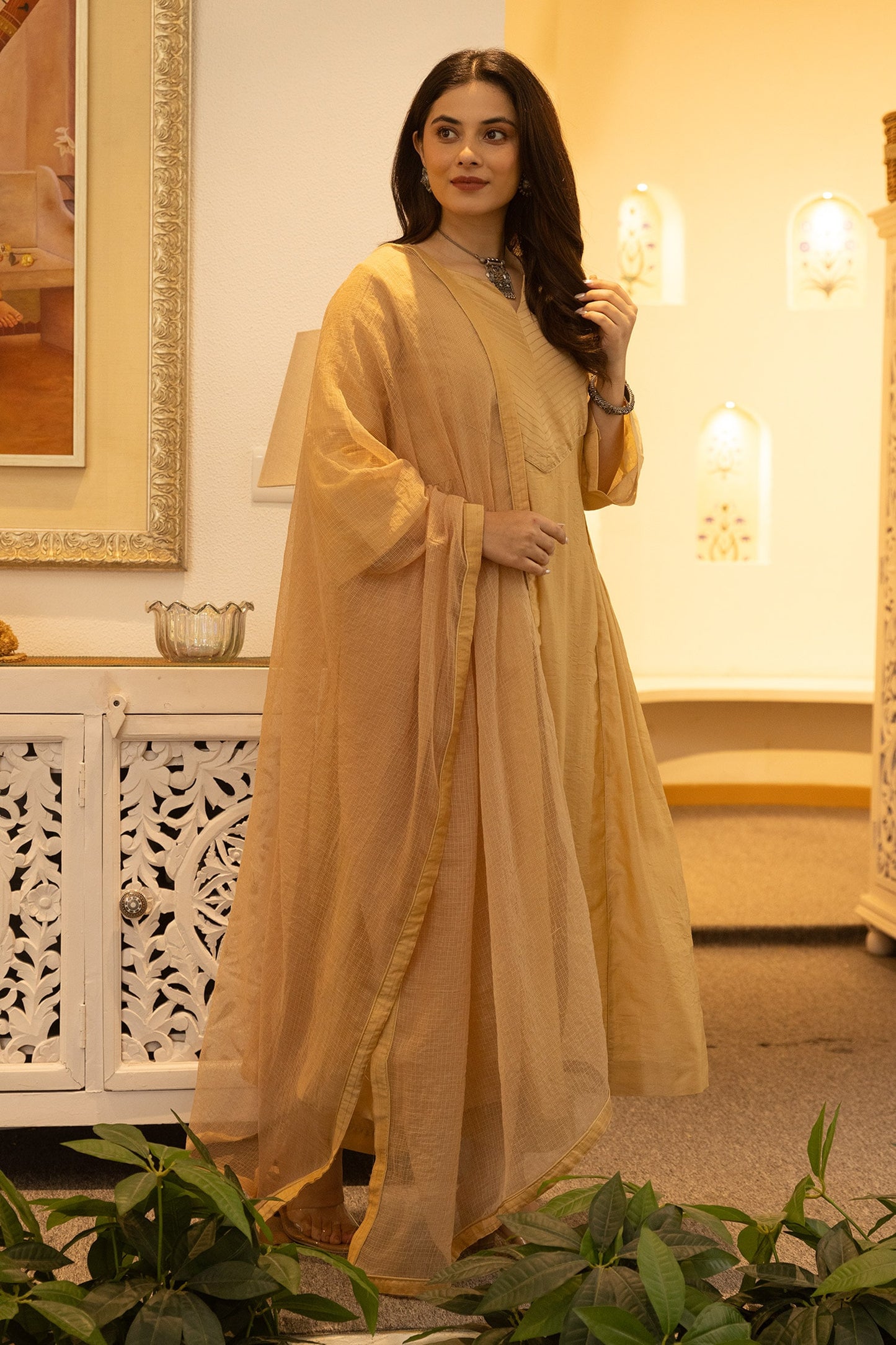 Yellow Kurta And Pant Chanderi Notched Pintucked Set