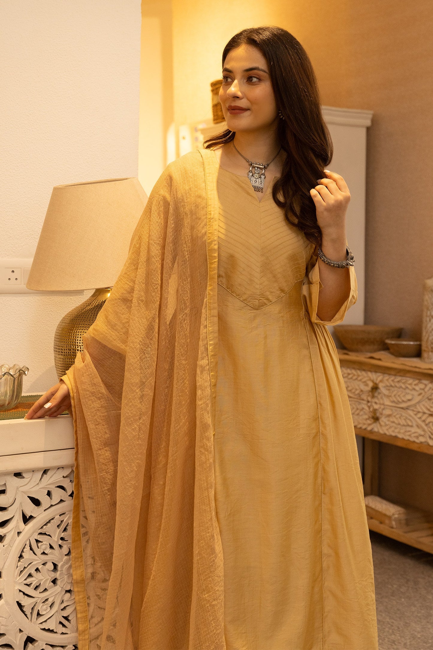 Yellow Kurta And Pant Chanderi Notched Pintucked Set