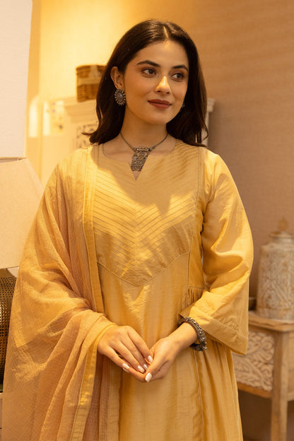 Yellow Kurta And Pant Chanderi Notched Pintucked Set