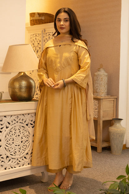 Yellow Kurta And Pant Chanderi Notched Pintucked Set