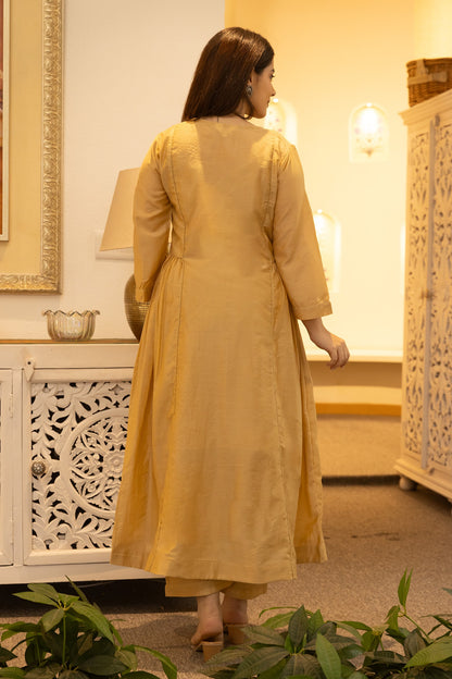 Yellow Kurta And Pant Chanderi Notched Pintucked Set