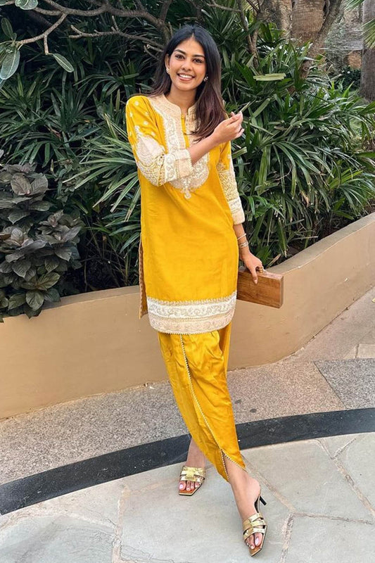 Yellow Kurta Silk Chanderi Embroidery Kashmiri Myreen And Dhoti Pant Set
