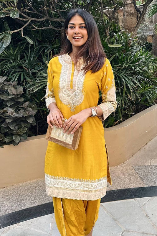 Yellow Kurta Silk Chanderi Embroidery Kashmiri Myreen And Dhoti Pant Set