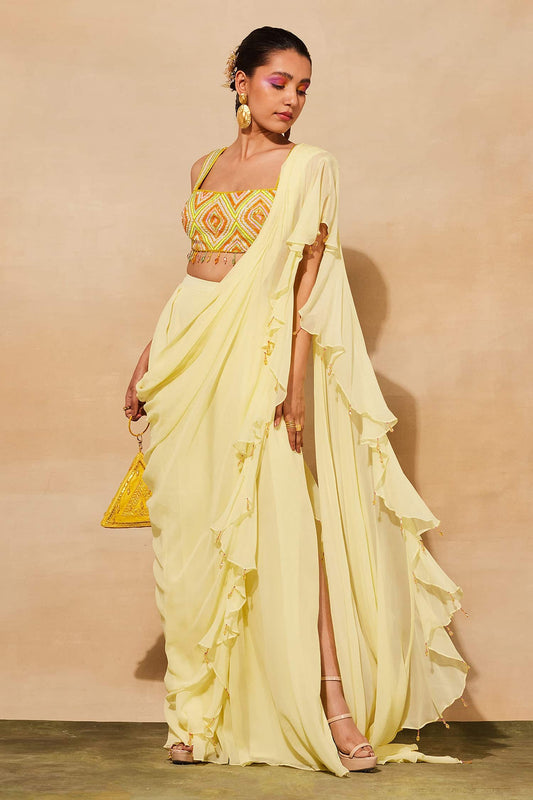Yellow Cotton Silk Embroidered Cutdana Square Ruffle Pre-draped Skirt Saree Set