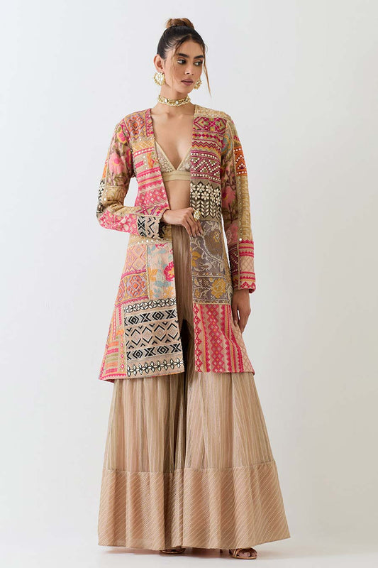 Beige Patchwork Embellished 3-Piece Sharara Set