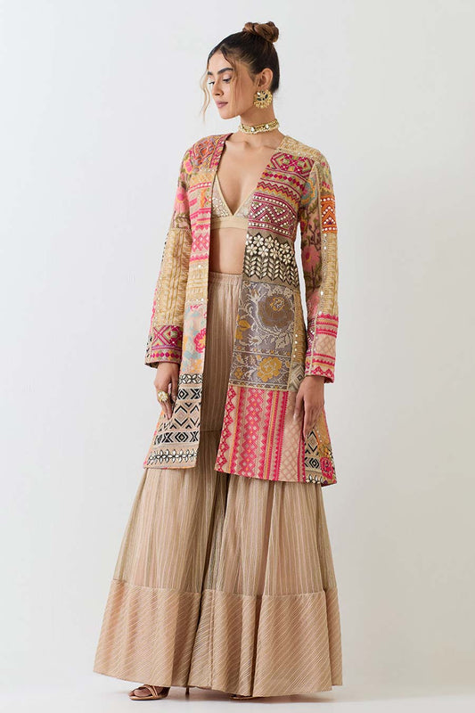 Beige Patchwork Embellished 3-Piece Sharara Set