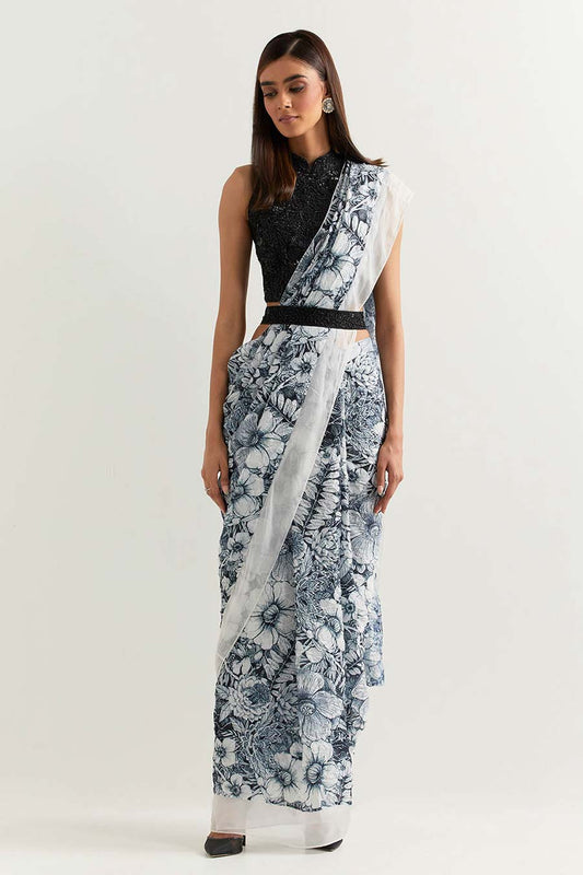 Black & White Printed Pre-Stitched Saree Set2