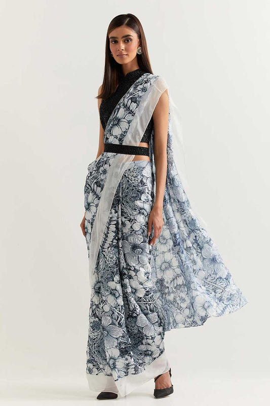 Black & White Printed Pre-Stitched Saree Set2