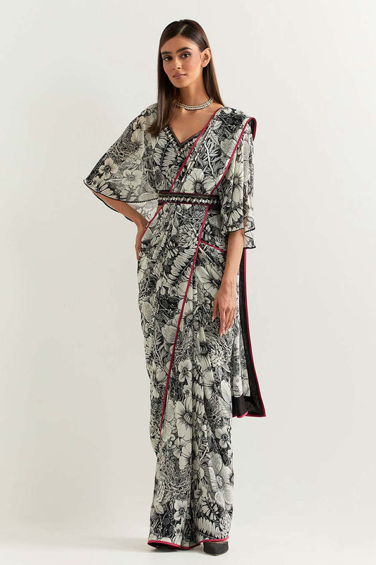 Black & White Printed Pre-Stitched Saree Set
