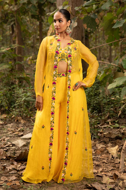 Yellow Resham Embroidered Jacket Co-Ord Set