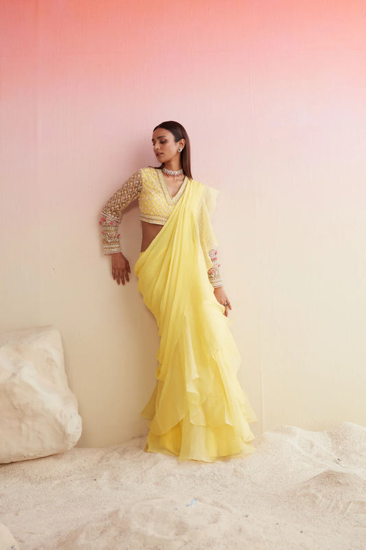 Zarnish Yellow net embroidered blouse