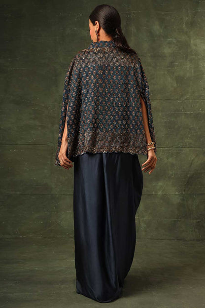 Blue Ajrakh Embroidered Jacket, Blouse & Skirt Set