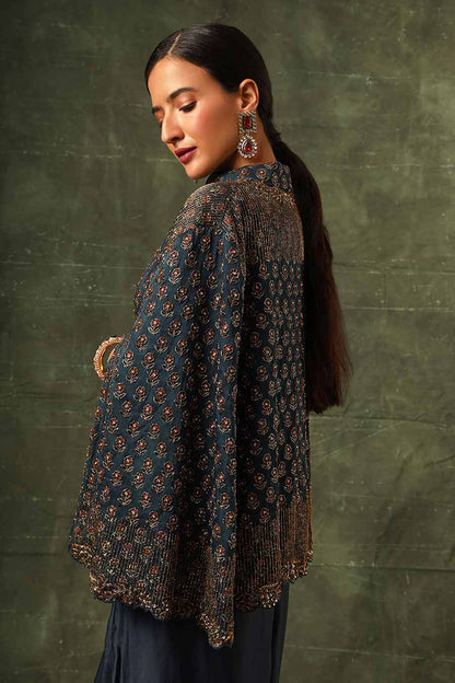 Blue Ajrakh Embroidered Jacket, Blouse & Skirt Set