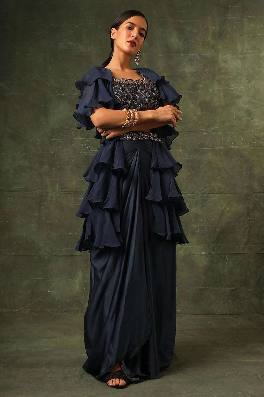 Blue Ajrakh Embroidered Blouse, Shrug & Skirt Set