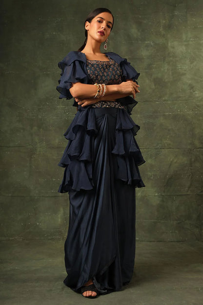 Blue Ajrakh Embroidered Blouse, Shrug & Skirt Set
