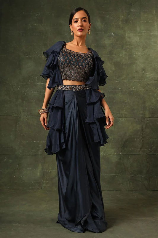 Blue Ajrakh Embroidered Blouse, Shrug & Skirt Set