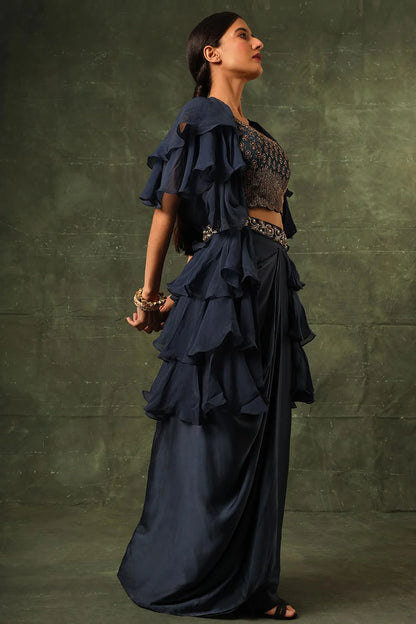 Blue Ajrakh Embroidered Blouse, Shrug & Skirt Set
