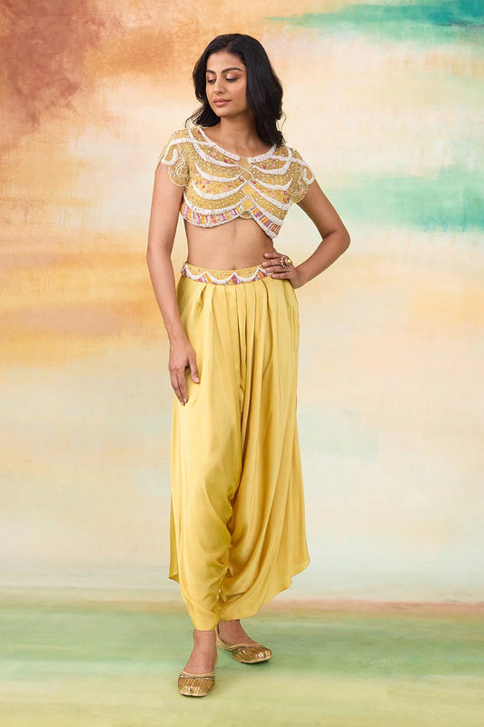 Yellow Rupenzal Embroidered Top & Dhoti Pant Set