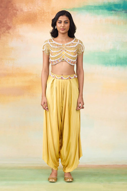 Yellow Rupenzal Embroidered Top & Dhoti Pant Set