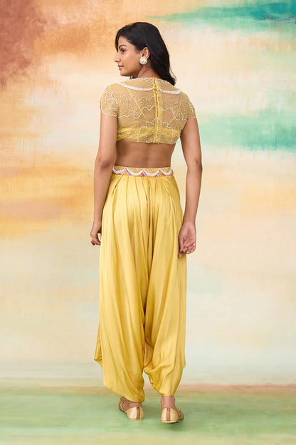 Yellow Rupenzal Embroidered Top & Dhoti Pant Set