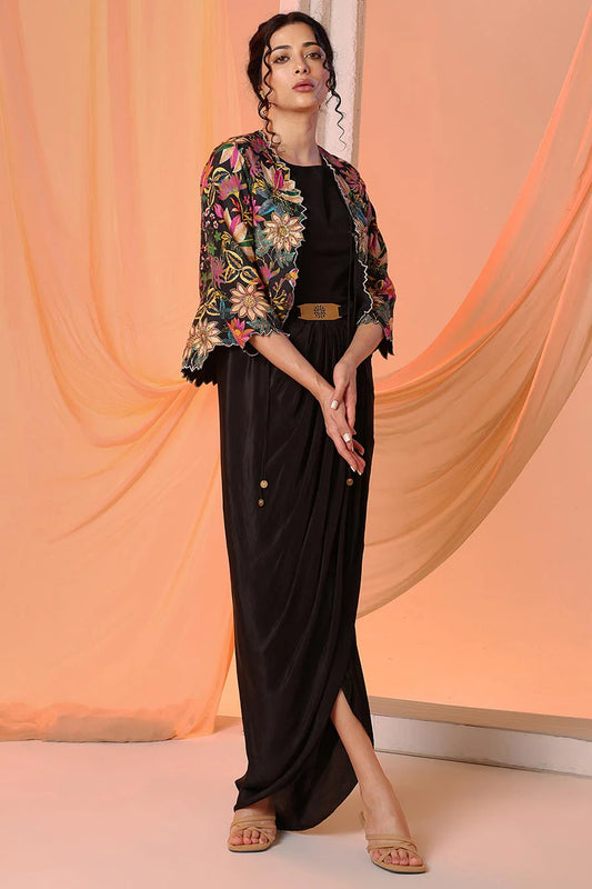 Black Aarani Embellished Dress & Jacket Set