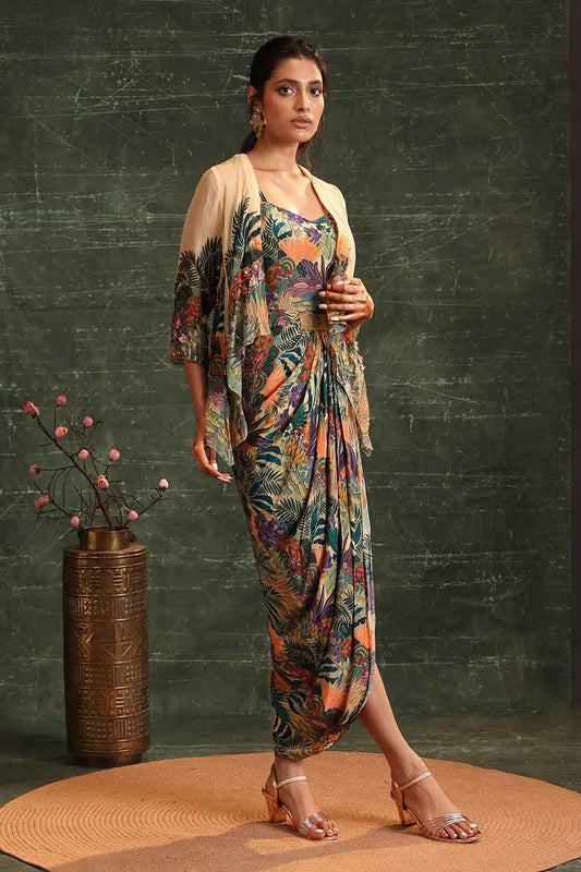 Beige Kaira Printed Drape Dress & Jacket Set