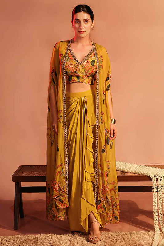 Yellow Tamaya Embellished Drape Skirt Set With Cape
