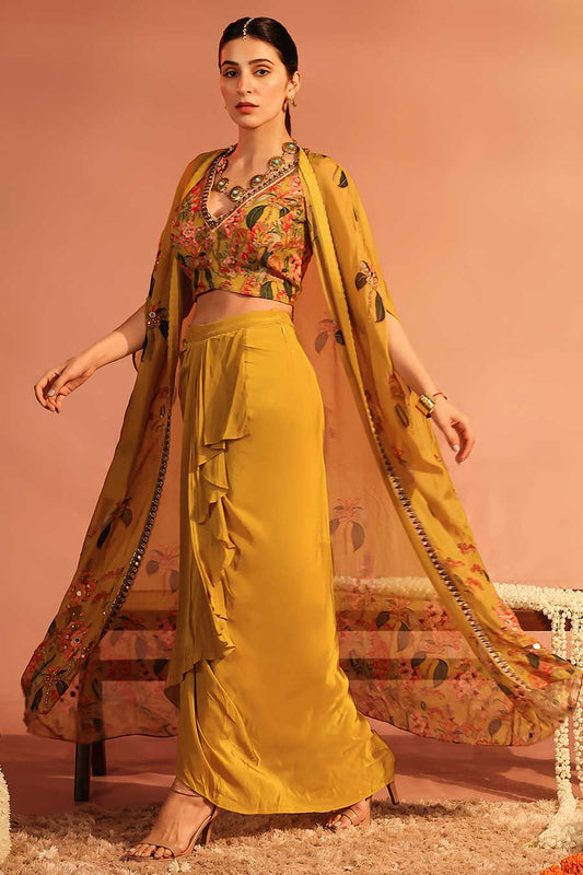 Yellow Tamaya Embellished Drape Skirt Set With Cape