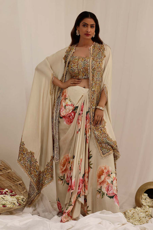 Beige Gul Kand Embellished Cape Co-Ord Set