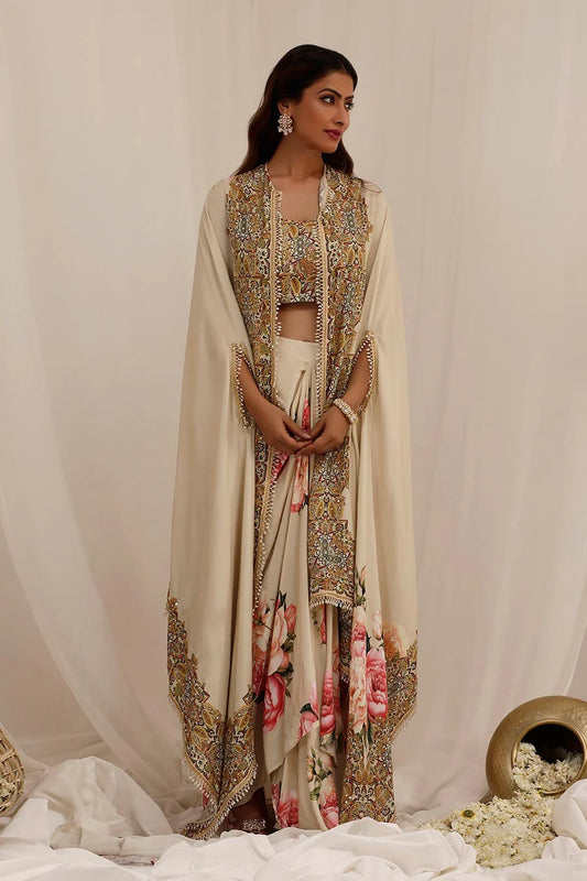 Beige Gul Kand Embellished Cape Co-Ord Set