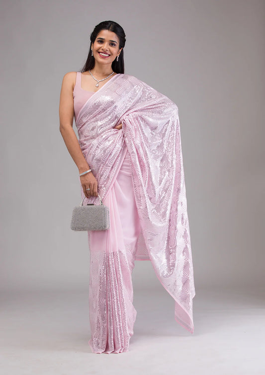 Baby Pink Sequins Georgette Saree
