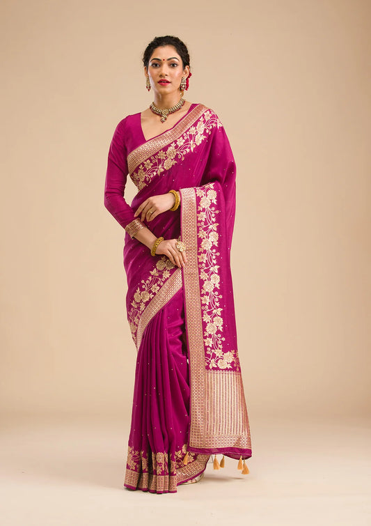 Wine Zariwork Banarasi Silk Saree