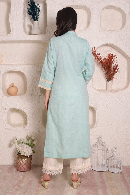 Blue Linen Embroidery Lace Band Kurta And Palazzo Set