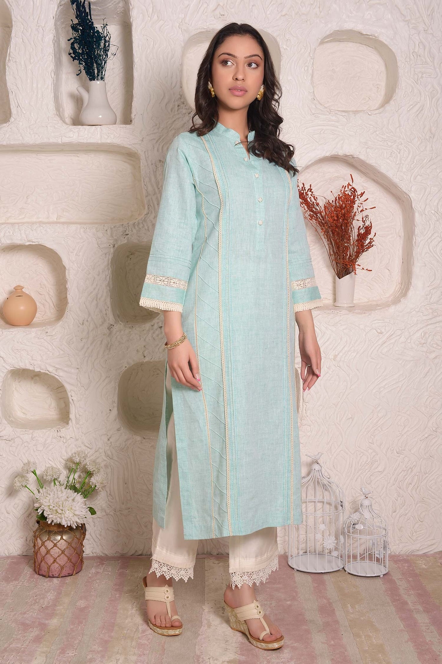 Blue Linen Embroidery Lace Band Kurta And Palazzo Set