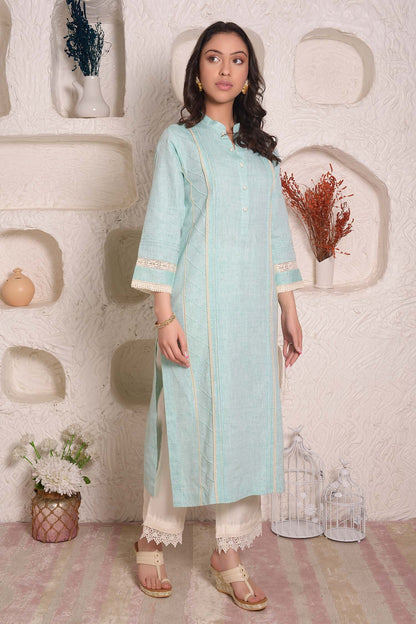Blue Linen Embroidery Lace Band Kurta And Palazzo Set