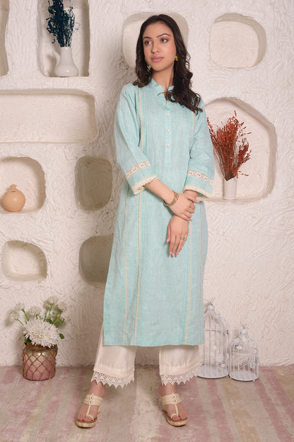 Blue Linen Embroidery Lace Band Kurta And Palazzo Set