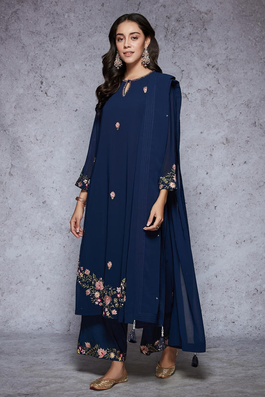 Blue Georgette Embroidery Round Kurta Set